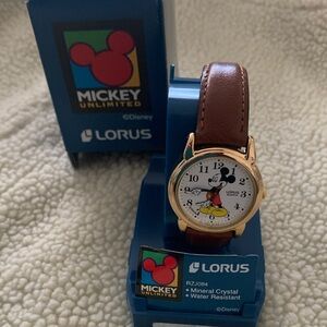 Disney Mickey Mouse Gold-Tone Watch with Brown Strap